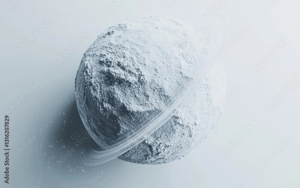 Poster abstract 3d rendering of a white planet with rings, detailed surface texture, and subtle sparkle eff
