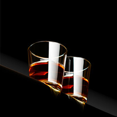 Bar glasses with a bright reflection, standing at the top