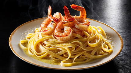 Flavorful fettuccine pasta with shrimp or prawns served just cooked from the kitchen perfect for any meal food photography wallpaper stock photo for menu