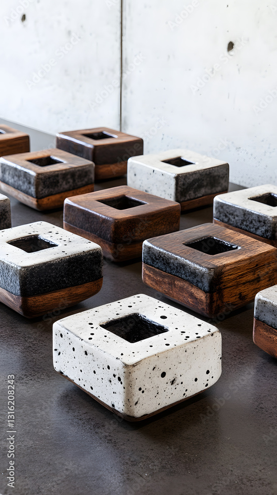 Poster a collection of unique square planters made from concrete and wood, showcasing modern design and var