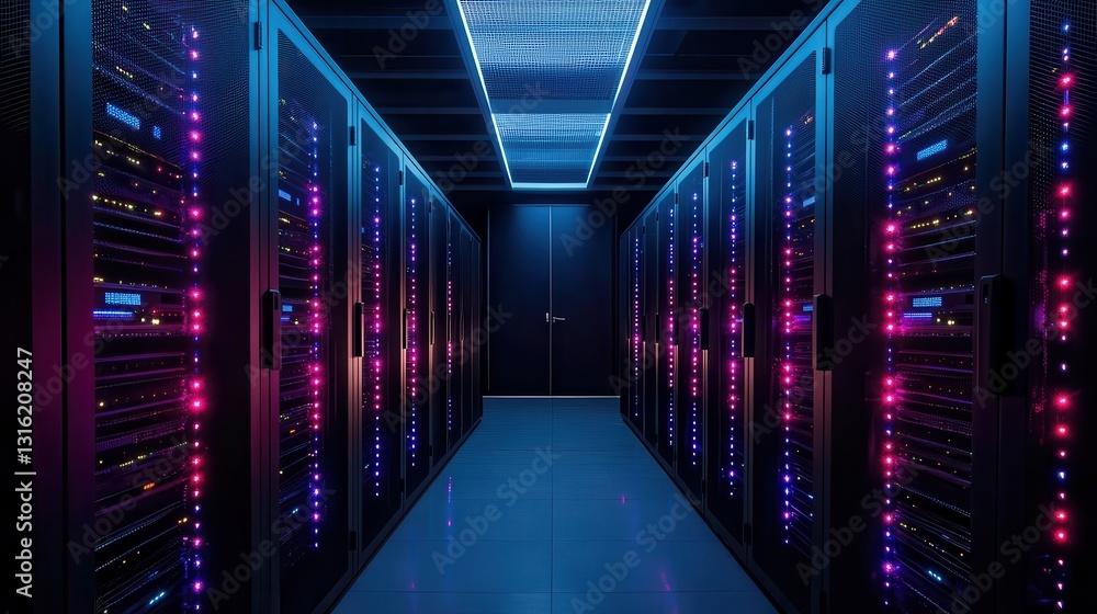 Poster a dimly lit server room featuring rows of servers illuminated by colorful lights, creating a futuris