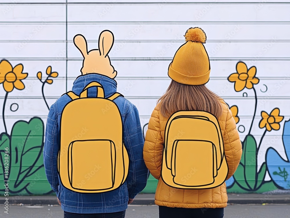 Poster two individuals in playful attire stand before a colorful mural in an urban setting