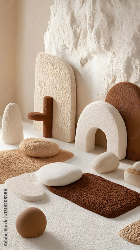 Poster a serene arrangement of textured shapes and earthy tones, creating a minimalist aesthetic that empha