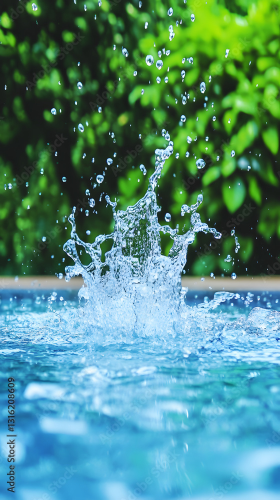 Poster a vibrant splash of water in a pool, surrounded by lush greenery, capturing a refreshing moment in n