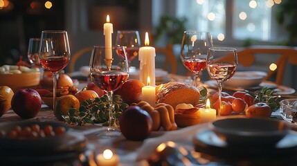 A festive Rosh Hashanah table setting with wine