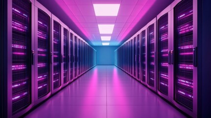 A futuristic server room featuring illuminated racks and a sleek hallway, emphasizing technology and digital infrastructure.