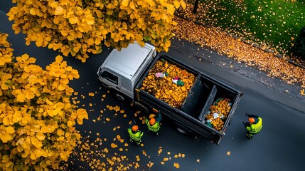 Autumn Leaf Removal: Aerial View of Workers Clearing Street in Fall AI Generated