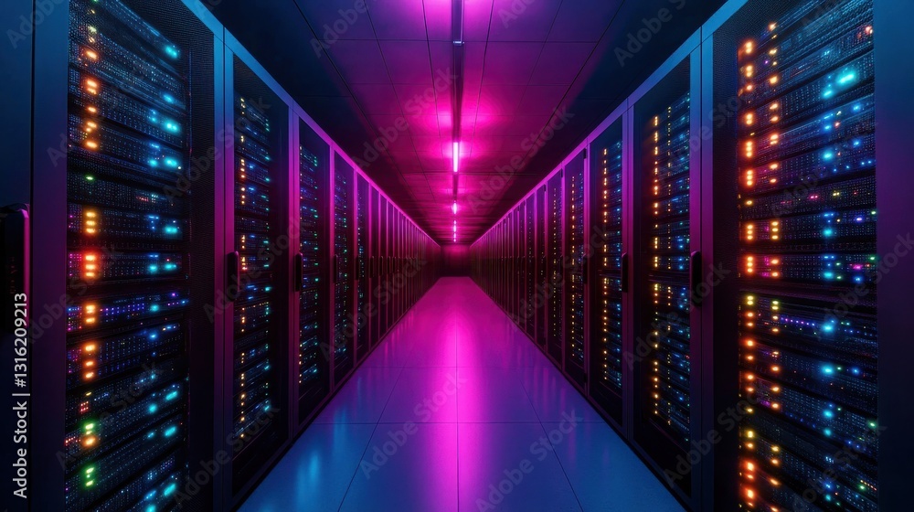 Poster a futuristic data center corridor illuminated with colorful lights, showcasing rows of servers in a 