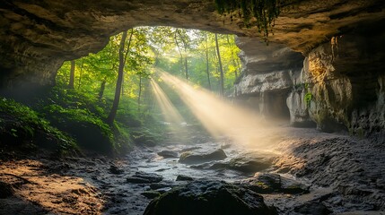 Sunlight streams into a cave, illuminating a tranquil forest floor