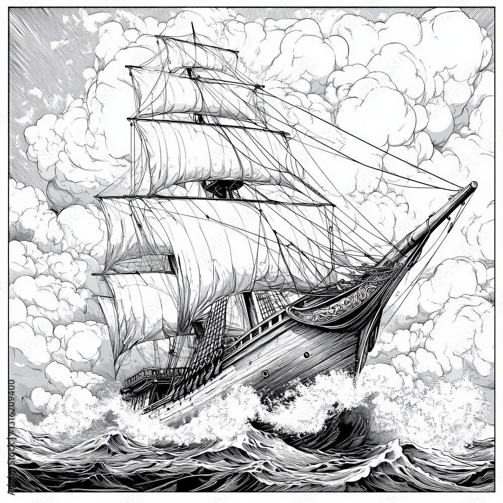 Poster black and white png illustration of a small boat in turbulent waters, accompanied by a floating barr
