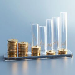 "Stacked Gold Coins and Transparent Cylindrical Containers with Line Graph – Financial Growth and Investment Returns Visualization"