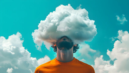 Man with a cloud-like head, wearing an orange shirt.