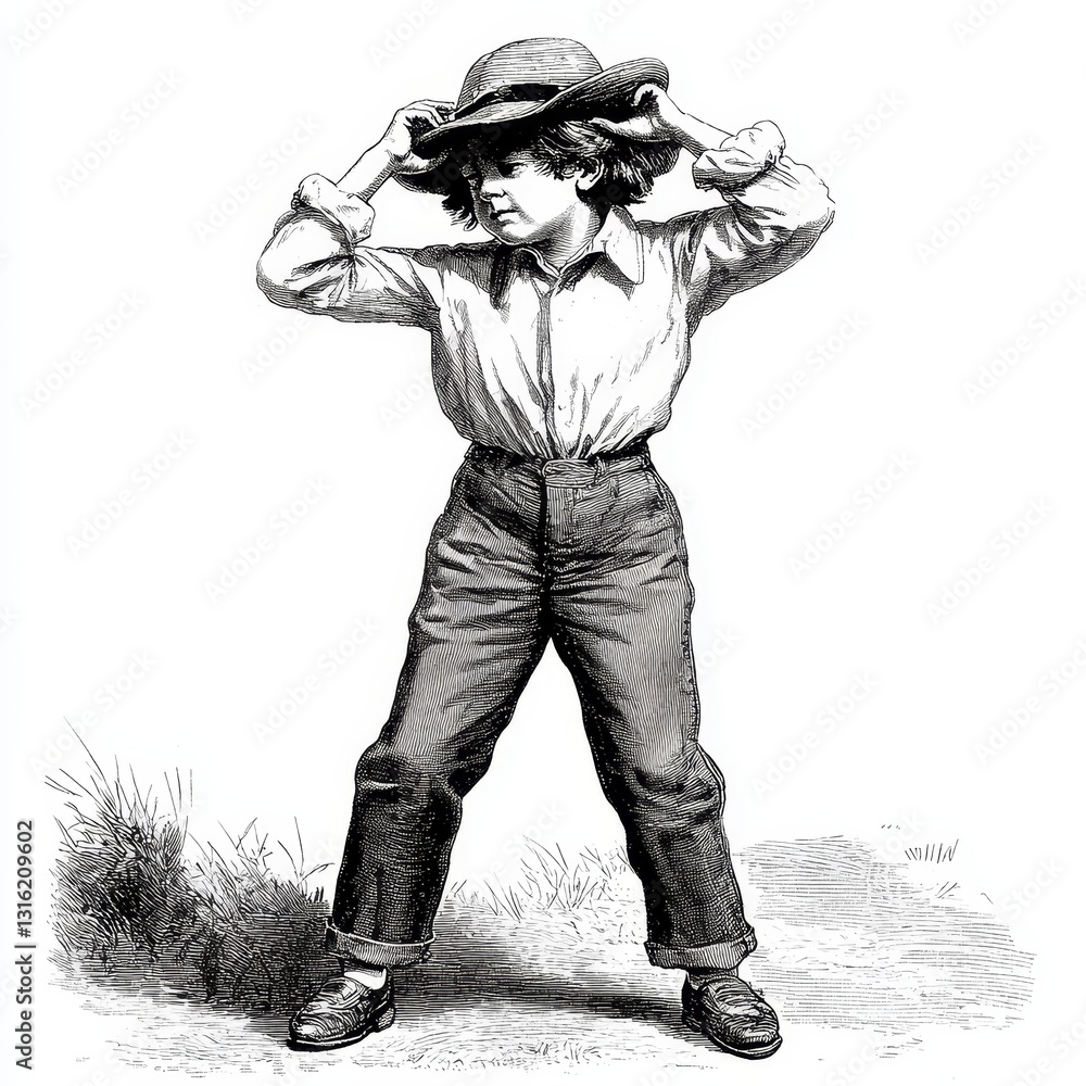 Poster a lively young boy dressed in outdated attire is shown dancing with vigor in a classic engraving sty