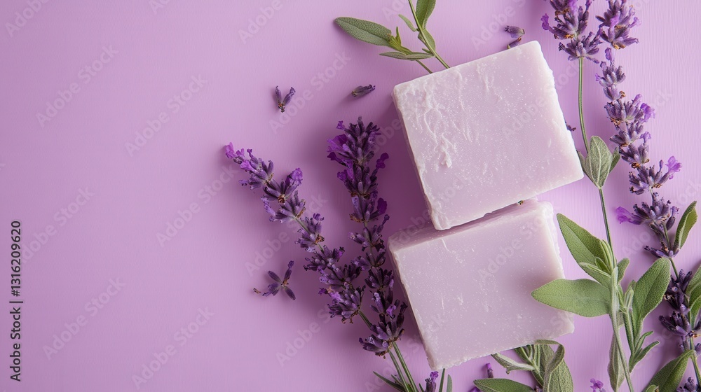 Poster lavender and mint colored blocks layered with fragrant flowers and leaves in a serene arrangement