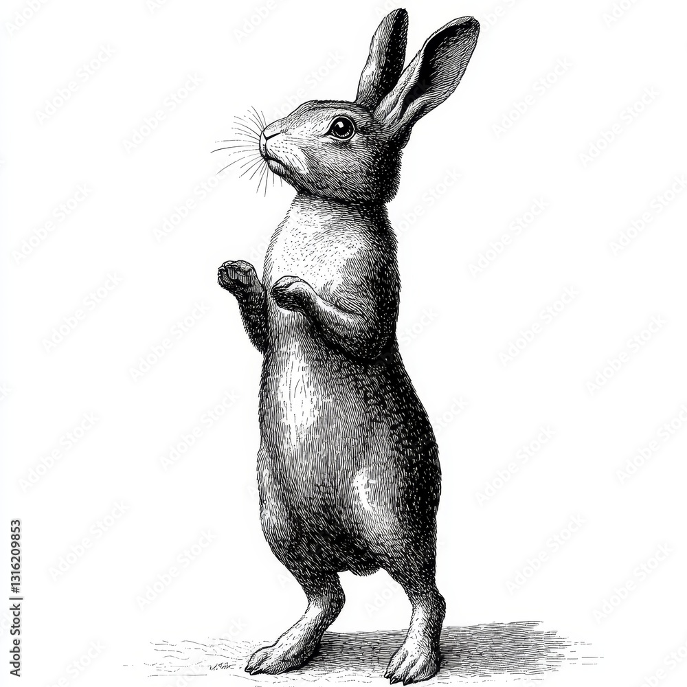 Poster a rabbit donning a jacket and dancing with playfulness is depicted in a finely detailed, engraved wo