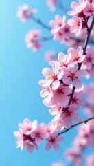 Obraz premium pink cherry blossom tree branch against clear blue sky, spring, nature, cherry blossoms