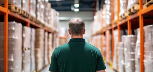 A person stands in a warehouse, observing rows of stacked items, showcasing an organized storage environment.