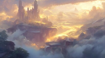 Fototapeta premium Golden Hour in the Cloud Kingdom A Majestic Floating Castle