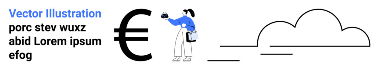 Businesswoman in blue shirt analyzing Euro symbol with clipboard, standing near abstract cloud. Ideal for finance, economy, banking, global trade, innovation, strategy, flat landing page banner
