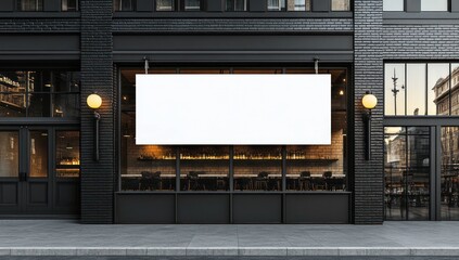 Blank storefront sign on a dark brick building.