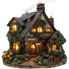 Fototapeta premium Illuminated cottage with smoke, vines, and garden.