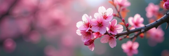Fototapeta premium Pink hue of Wild Himalayan Cherry flowers on tree branches, flora, blossom, tree