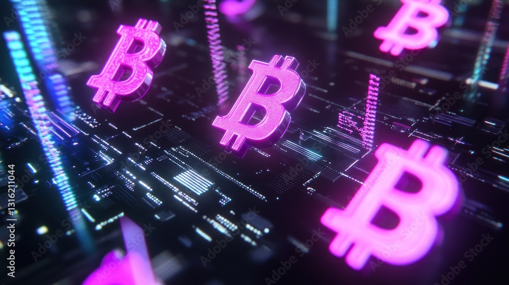 Poster cryptocurrency symbols hovering over circuit board
