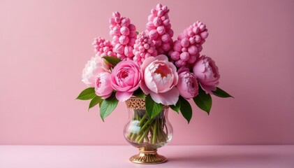 Fototapeta premium Pink hyacinths and peonies fill a large ornate glass vase with opulent luxury, pink, grand