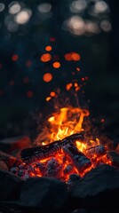Bright orange and dark red bokeh lights shine above a crackling firewood in the evening outdoors