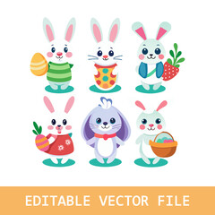 Set of Cartoon Rabbit Illustration: Easter Bunny with Egg, Isolated on Transparent
