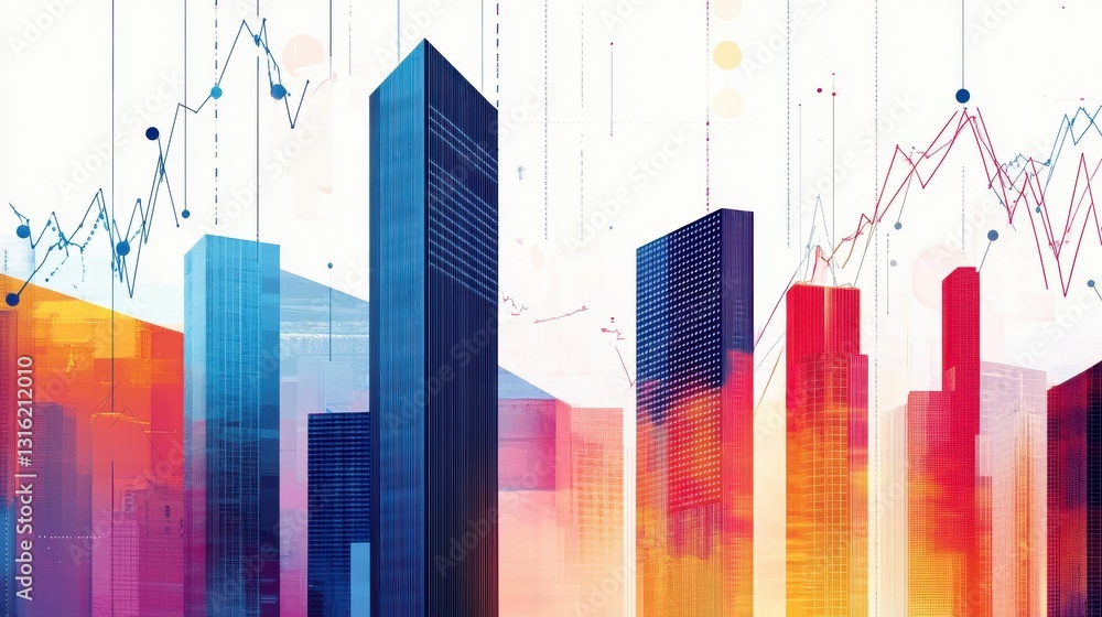 Aufkleber vibrant abstract design featuring tall office buildings and digital data representation in an energe