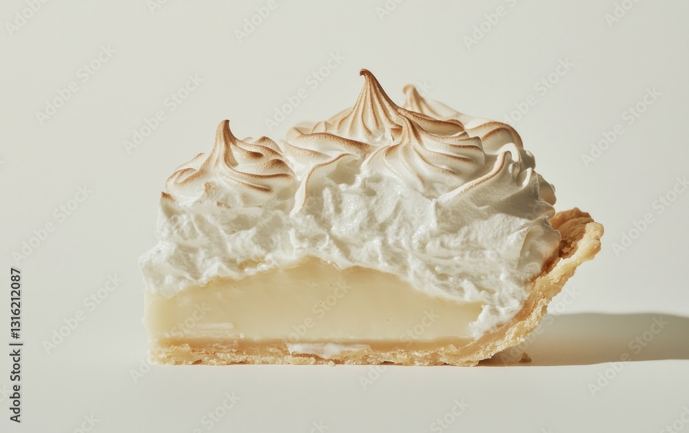 Poster close-up of a slice of lemon meringue pie with a fluffy meringue topping. the pie is on a simple whi