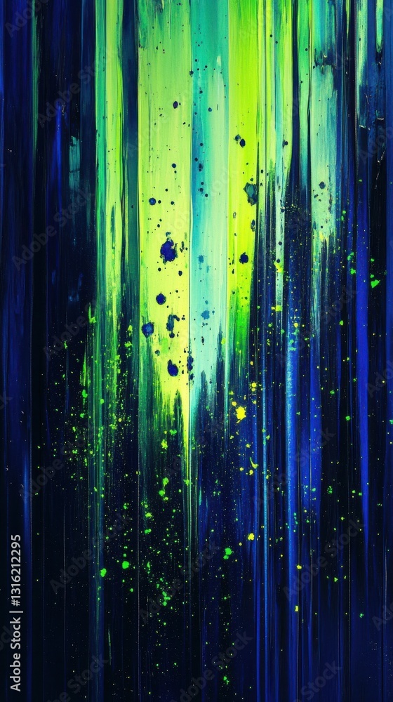 Poster vertical abstract streaks of cobalt blue with vibrant green splashes creating a striking visual cont