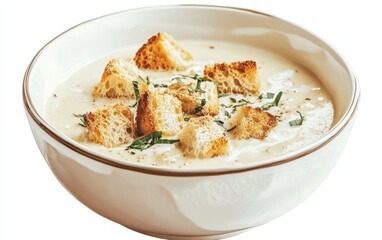 Creamy soup with toasted croutons in a bowl. Garnish with fresh herbs. Food photography with a white background