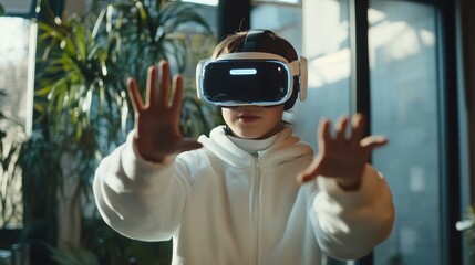 Child wearing VR headset, interacting with virtual reality.