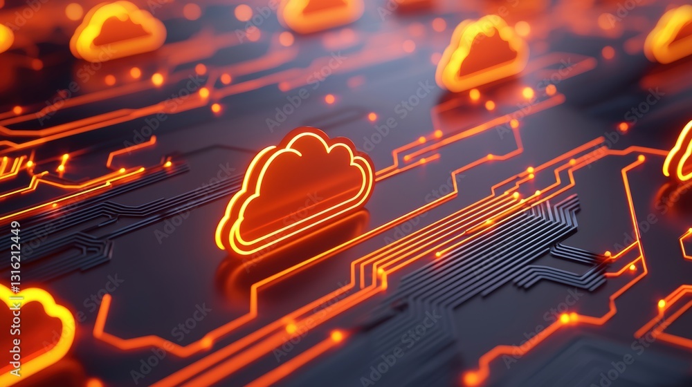 Poster a digital representation featuring glowing cloud icons on a circuit board, symbolizing cloud computi