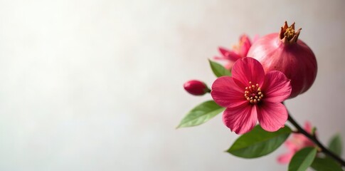 Fototapeta premium Pomegranate flowers against a soft white backdrop, solo, spring, bloom