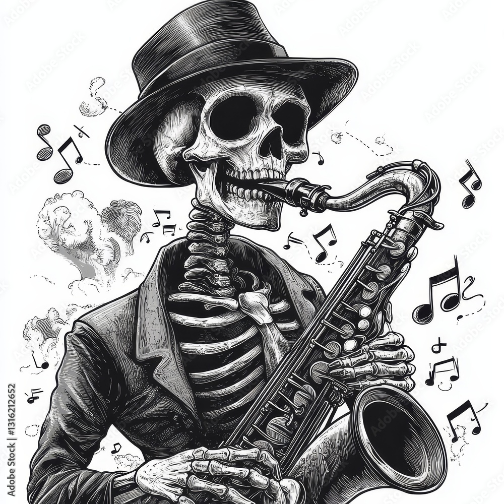 Poster a skeleton is depicted playing jazz music on a saxophone, surrounded by floating musical notes, in a