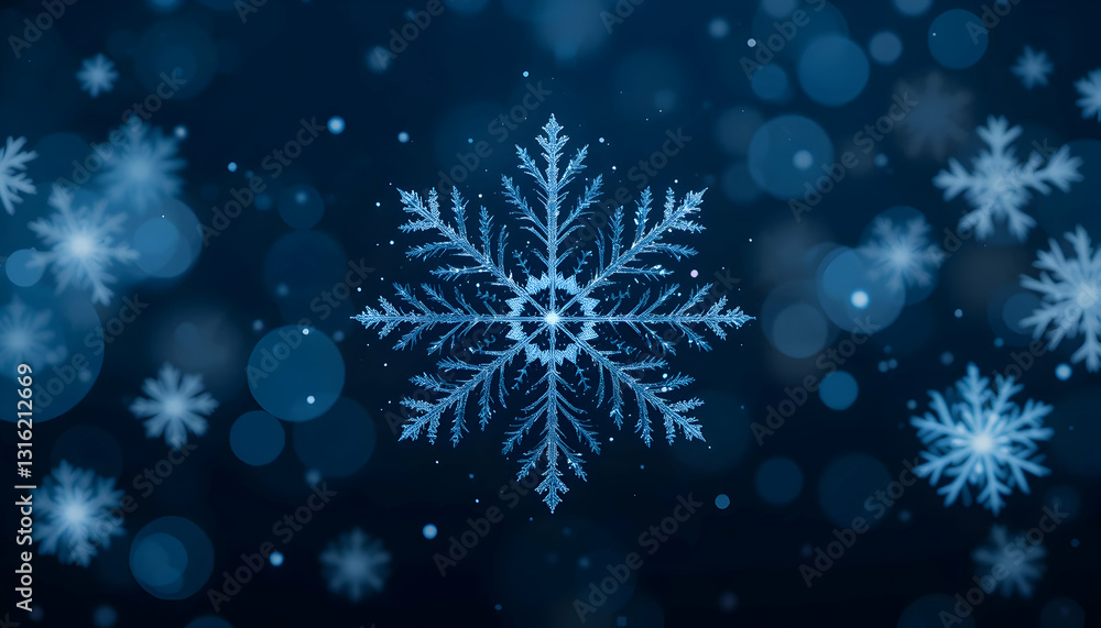 Poster snowflake floating on blue background with bokeh effect for winter