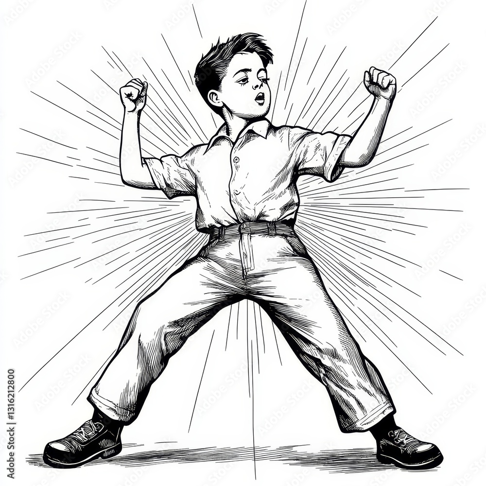 Poster a happy young boy dressed in outdated attire is shown dancing with vigor in a sketch created using c