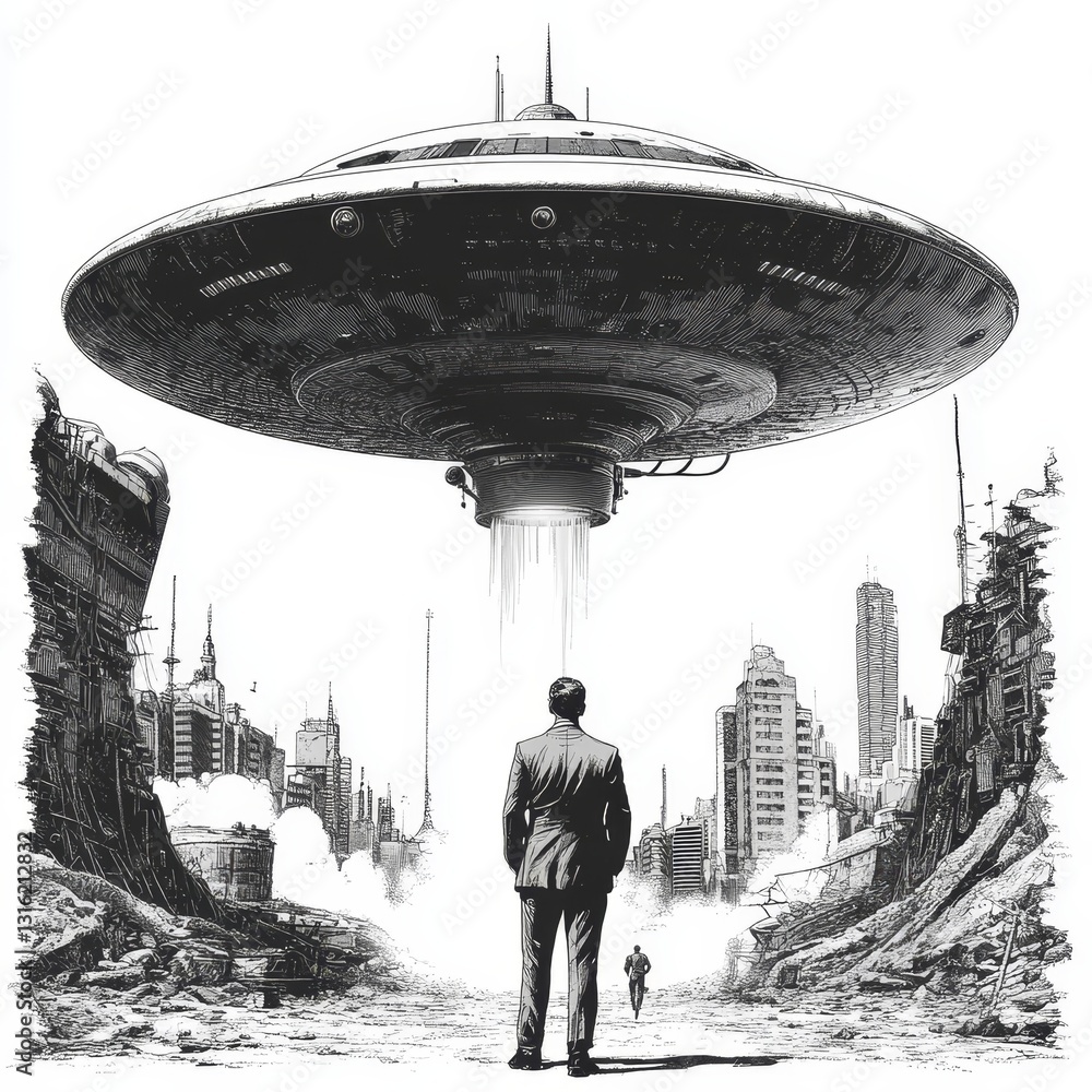Poster a man in a suit is being beamed up by a ufo, illustrating an alien abduction with a classic sci-fi t
