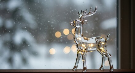 Glass Deer with Lights Against Snowy Window Winter Holiday Decoration