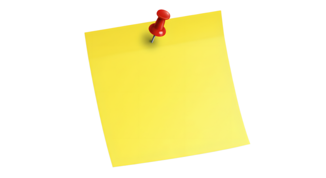 yellow sticky post it note with red pushpin isolated on white or transparent png
