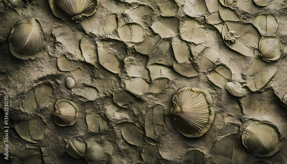 Aufkleber an abstract pattern resembling fossilized imprints of leaves and shells, rendered in muted earthy to