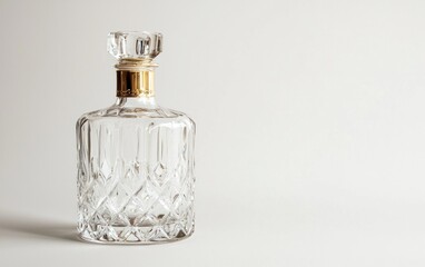 Crystal decanter with gold-tone top on a light beige background. The decanter is square with a cut glass pattern