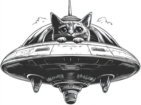 A charming feline within a flying saucer, merging fantastical science fiction, fantasy, and comedic elements in a classic artistic style sketch engraving created using generative ai raster