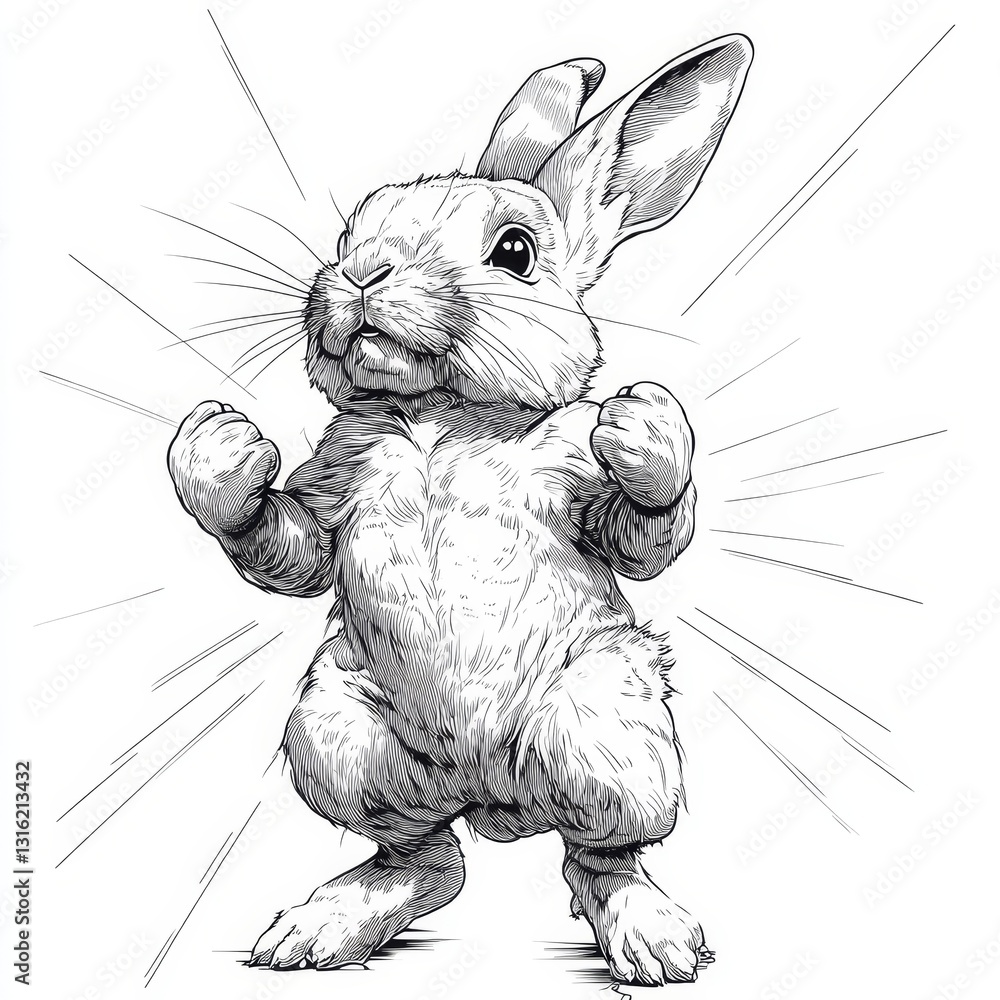 Poster the easter bunny is depicted as a joyful rabbit dancing in a woodcut style sketch created using gene