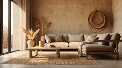 Wabi-sabi style living room interior mockup