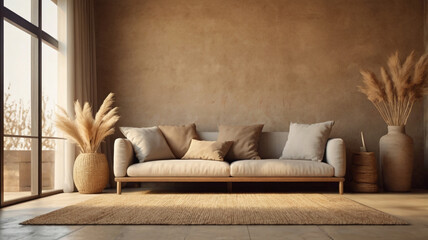 Wabi-sabi style living room interior mockup