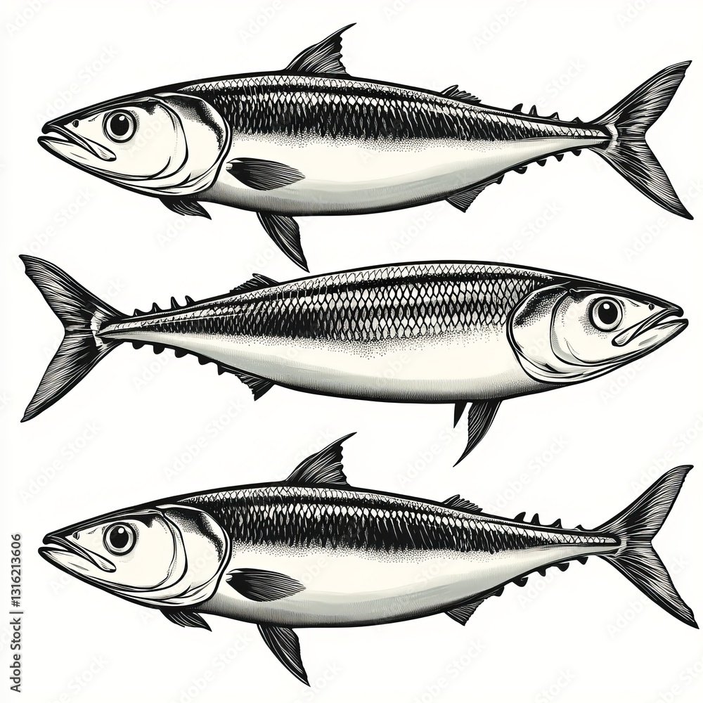 Poster mackerel fish is depicted in a white sketch engraving generative ai raster illustration, showcasing 
